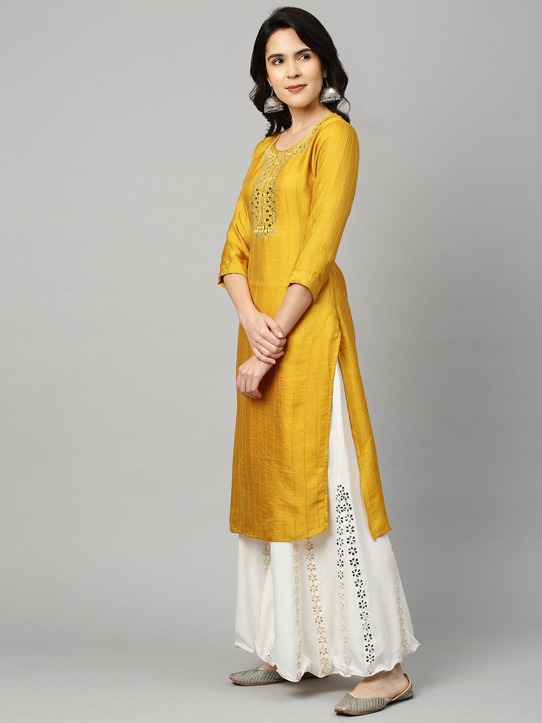 Mirror Embroidered Straight Kurta - Mustard - Indiakreations