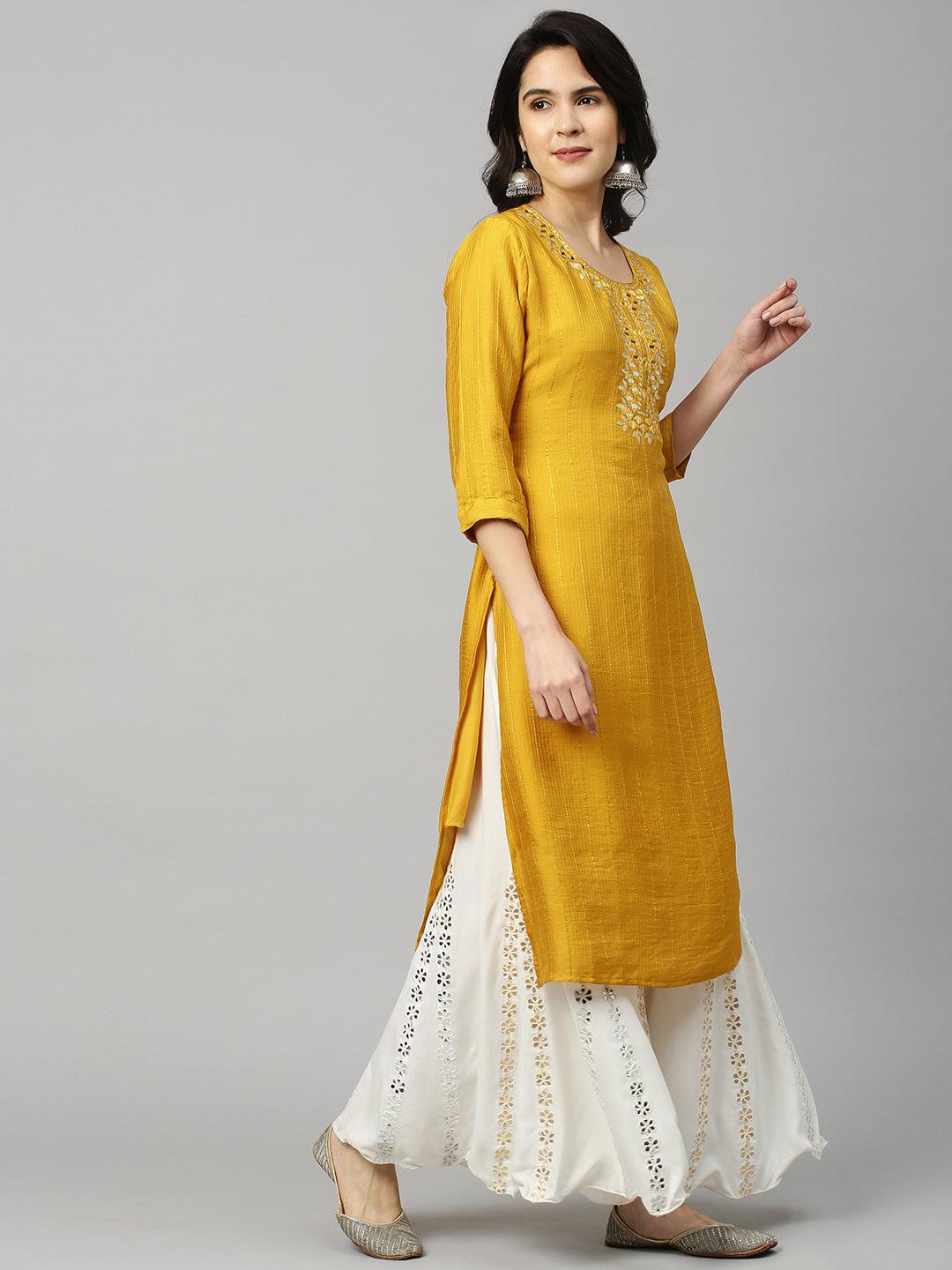 Mirror Embroidered Straight Kurta - Mustard - Indiakreations