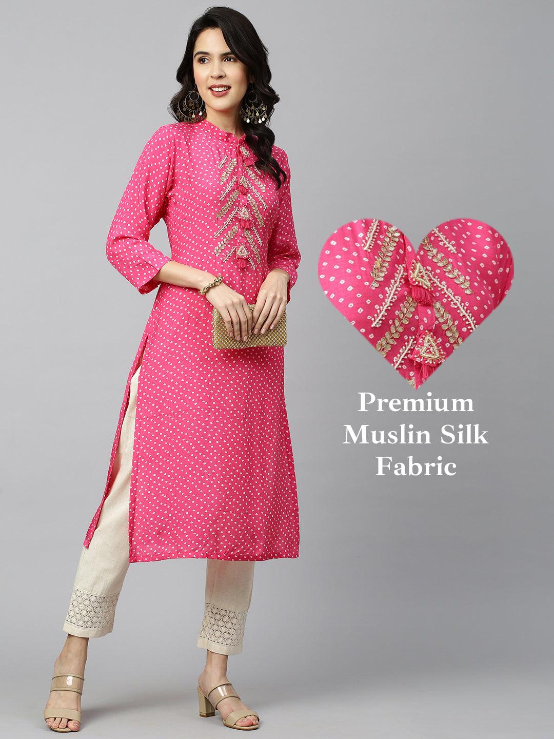 Bandhej & Embroidered Straight Kurta - Magenta Pink - Indiakreations