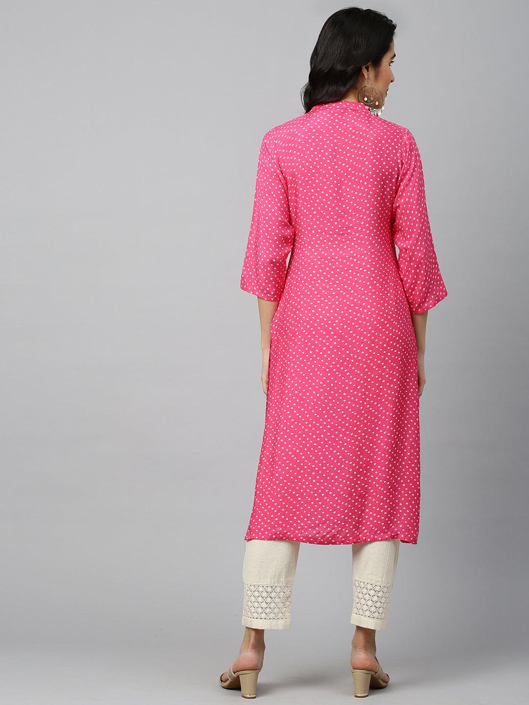 Bandhej & Embroidered Straight Kurta - Magenta Pink - Indiakreations