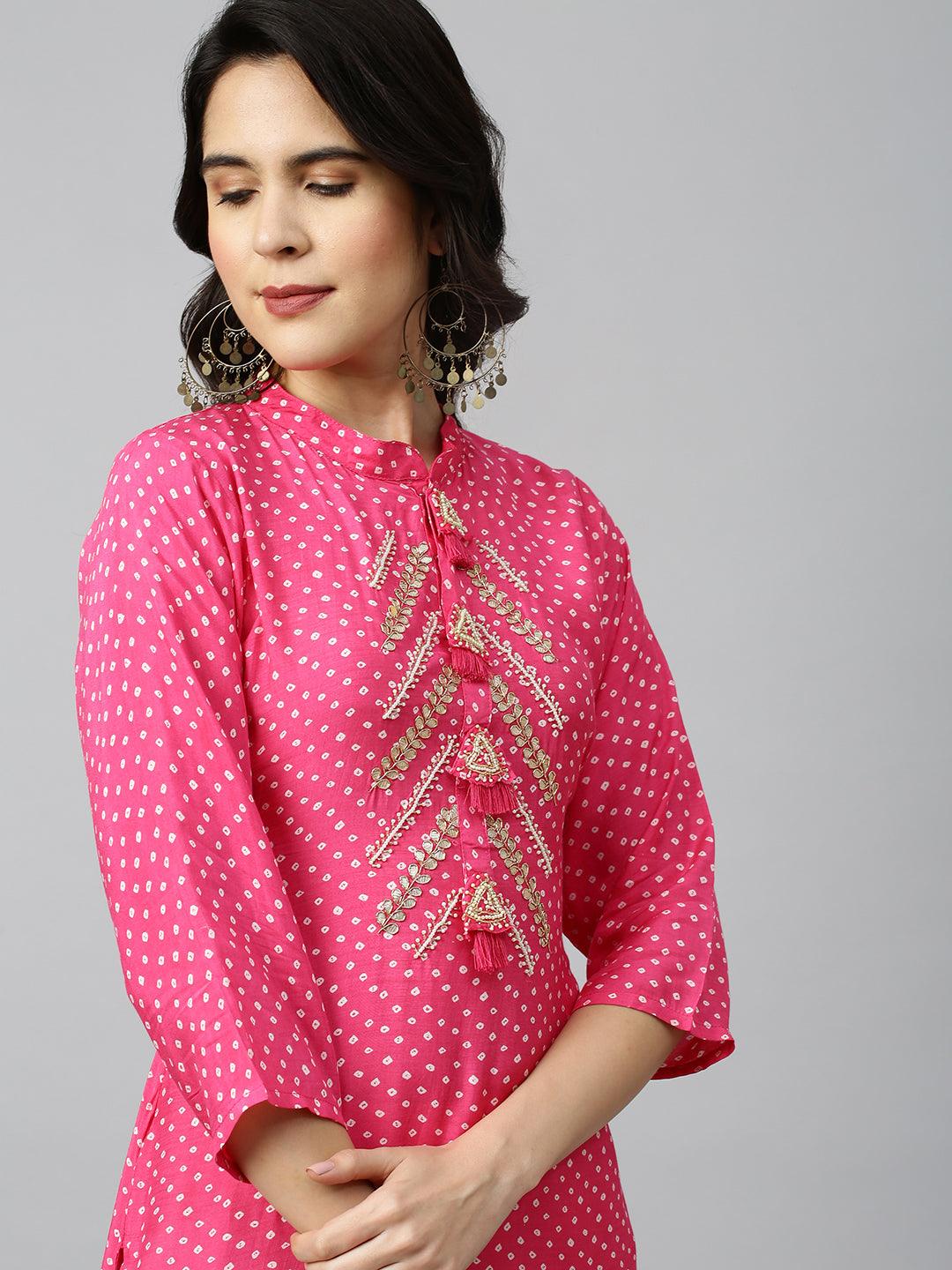 Bandhej & Embroidered Straight Kurta - Magenta Pink - Indiakreations