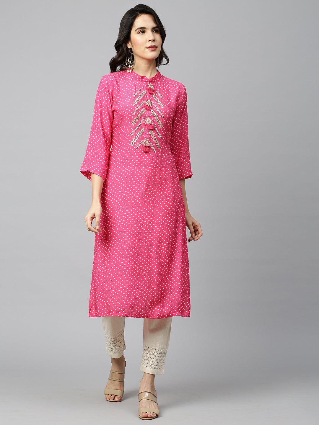 Bandhej & Embroidered Straight Kurta - Magenta Pink - Indiakreations