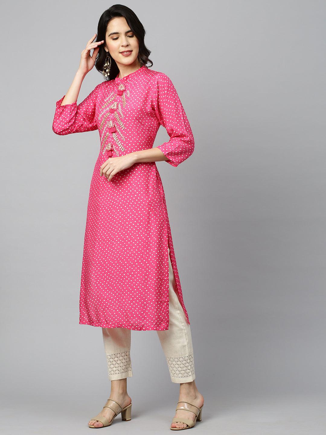 Bandhej & Embroidered Straight Kurta - Magenta Pink - Indiakreations