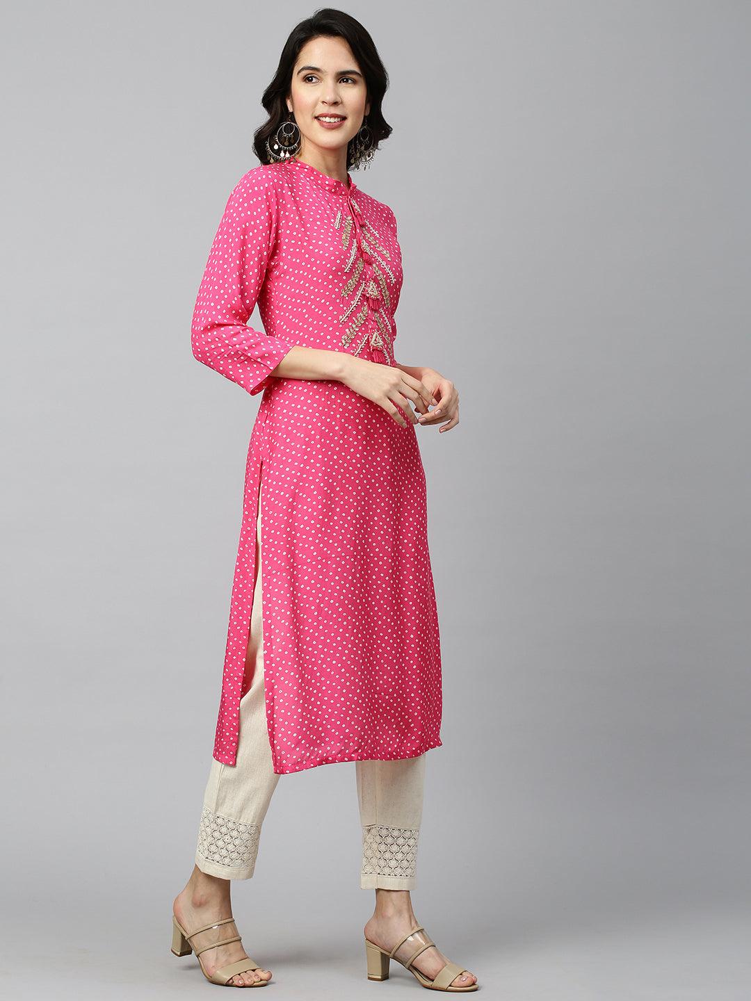 Bandhej & Embroidered Straight Kurta - Magenta Pink - Indiakreations