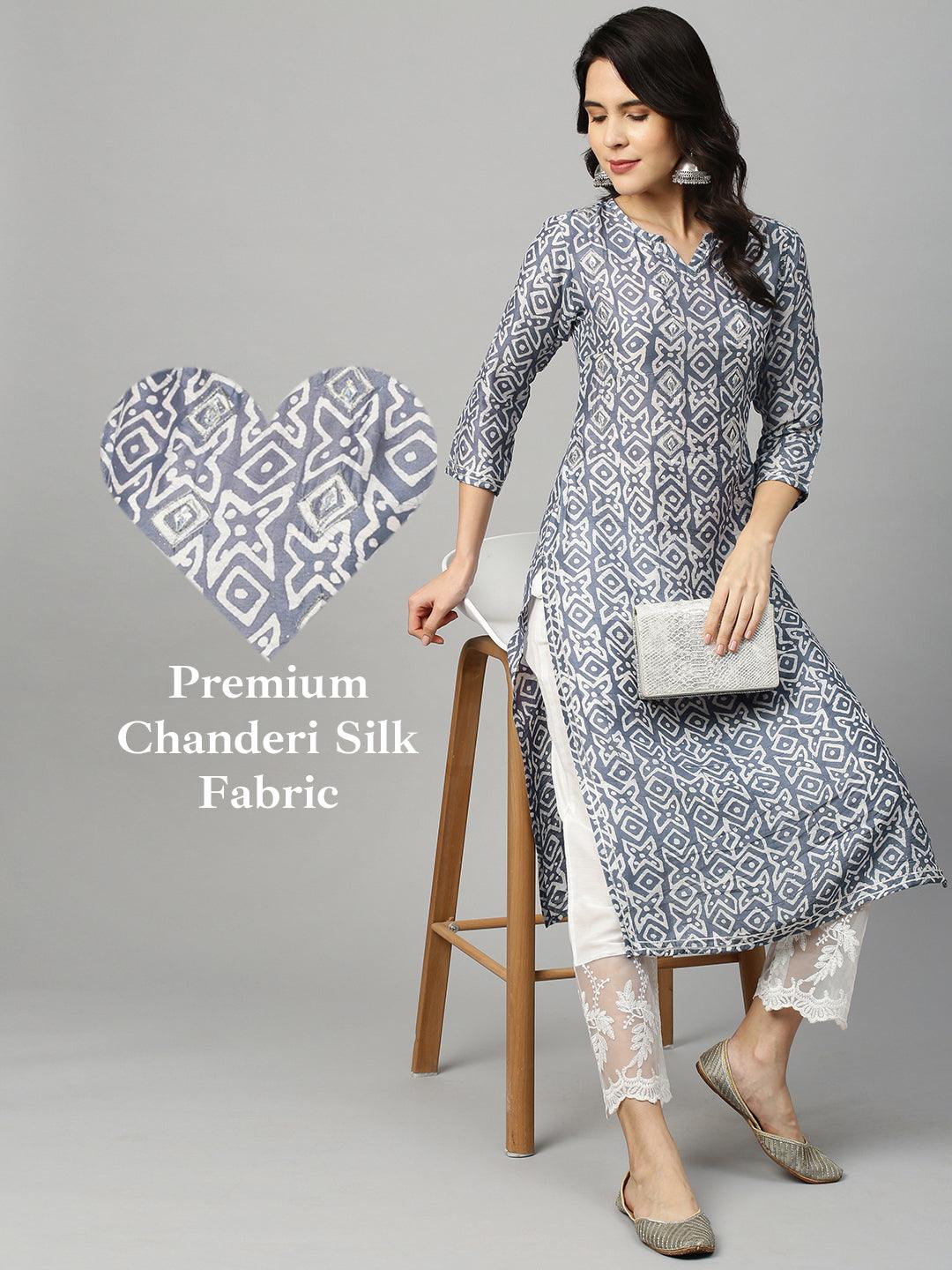 Ethnic Printed & Embroidered Kurta - Stone Grey - Indiakreations