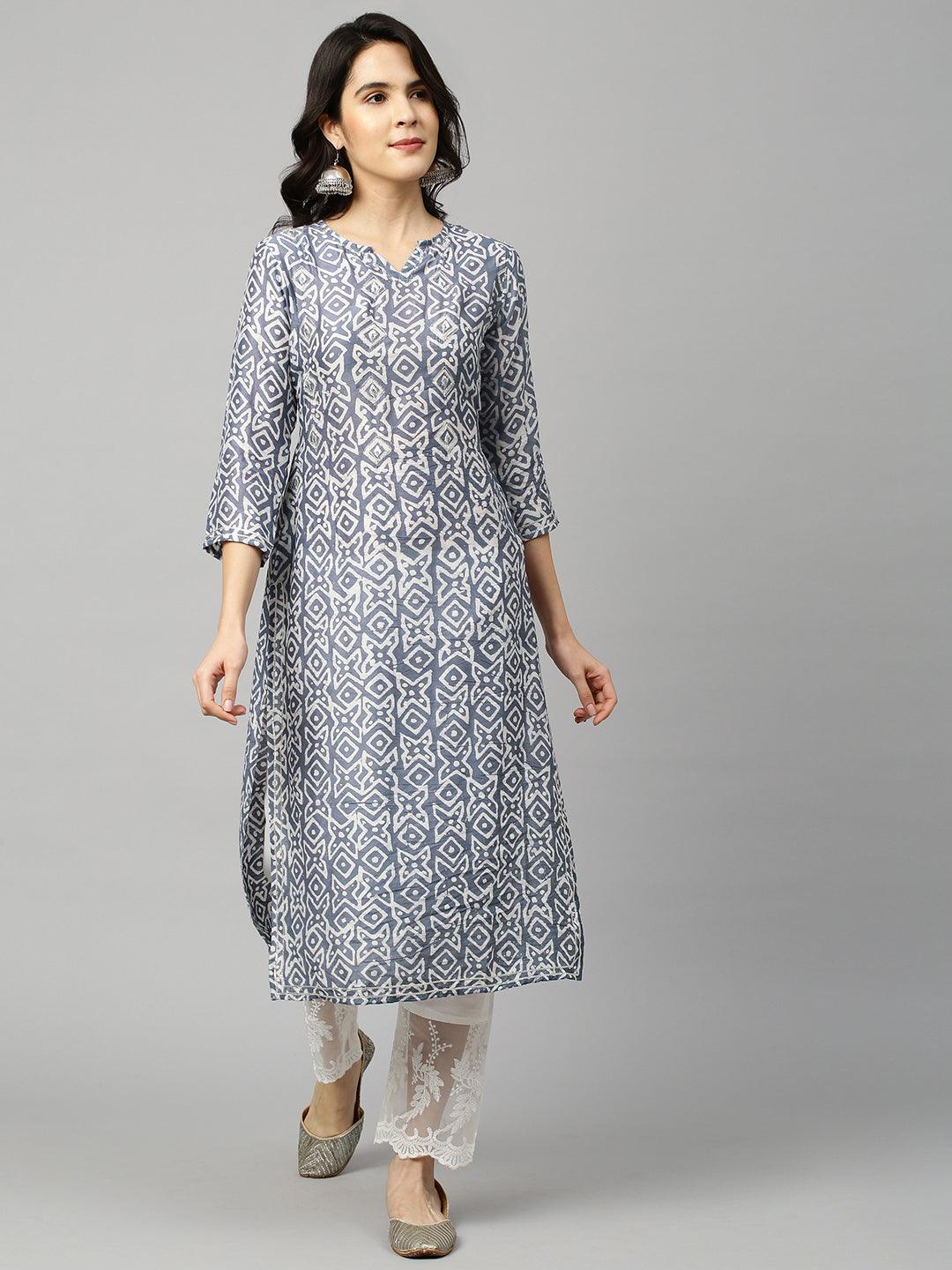 Ethnic Printed & Embroidered Kurta - Stone Grey - Indiakreations