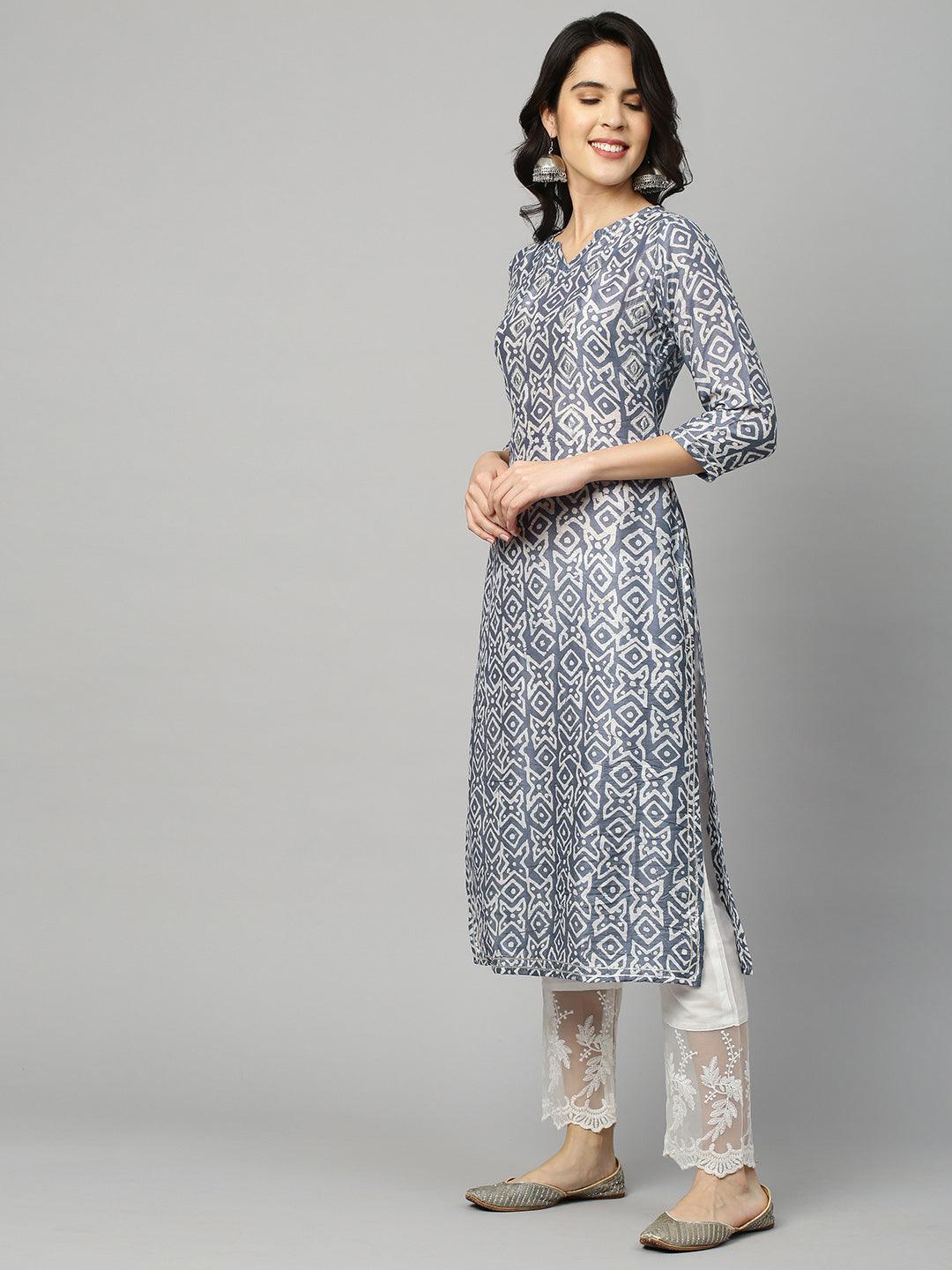 Ethnic Printed & Embroidered Kurta - Stone Grey - Indiakreations