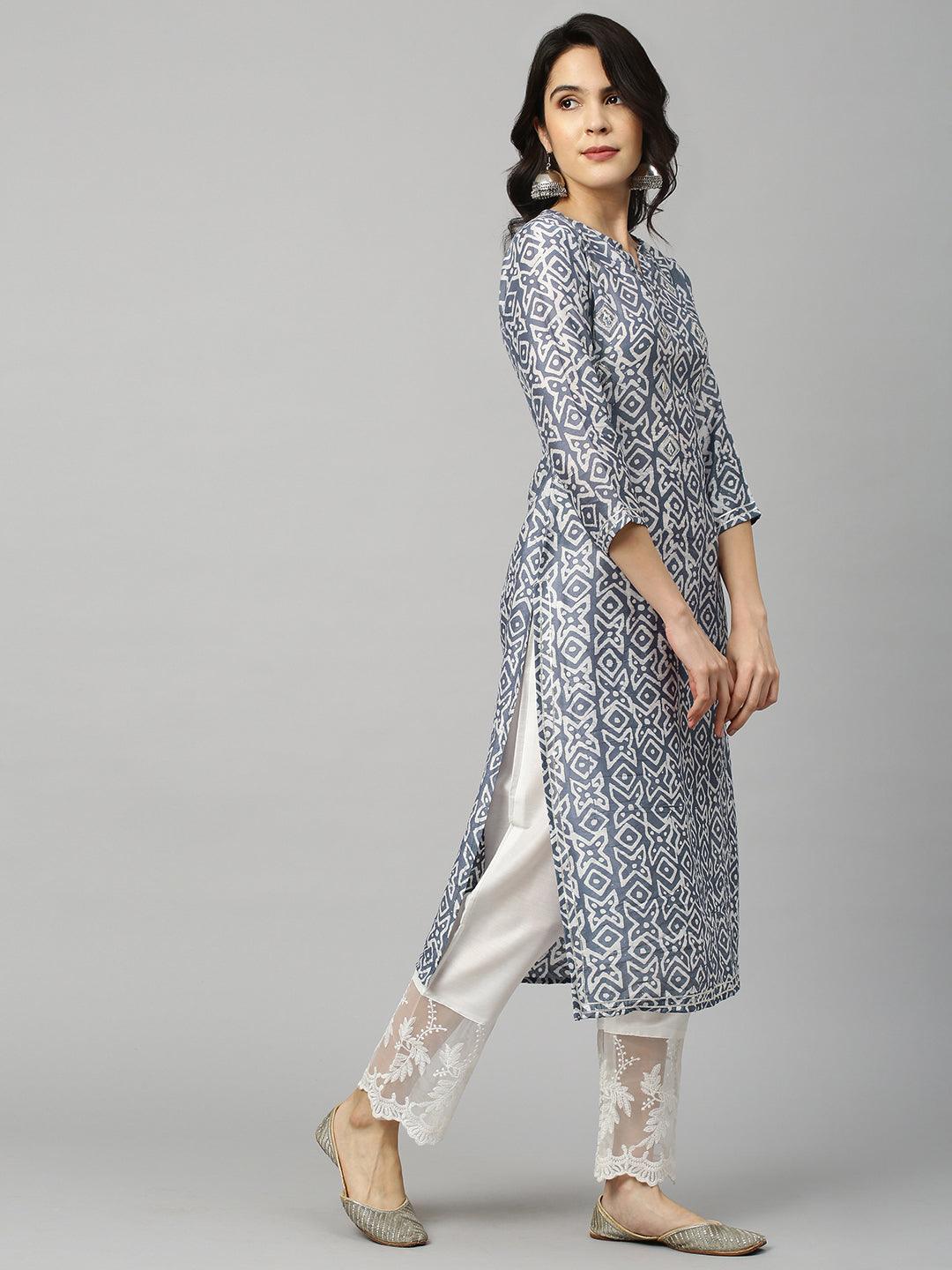 Ethnic Printed & Embroidered Kurta - Stone Grey - Indiakreations