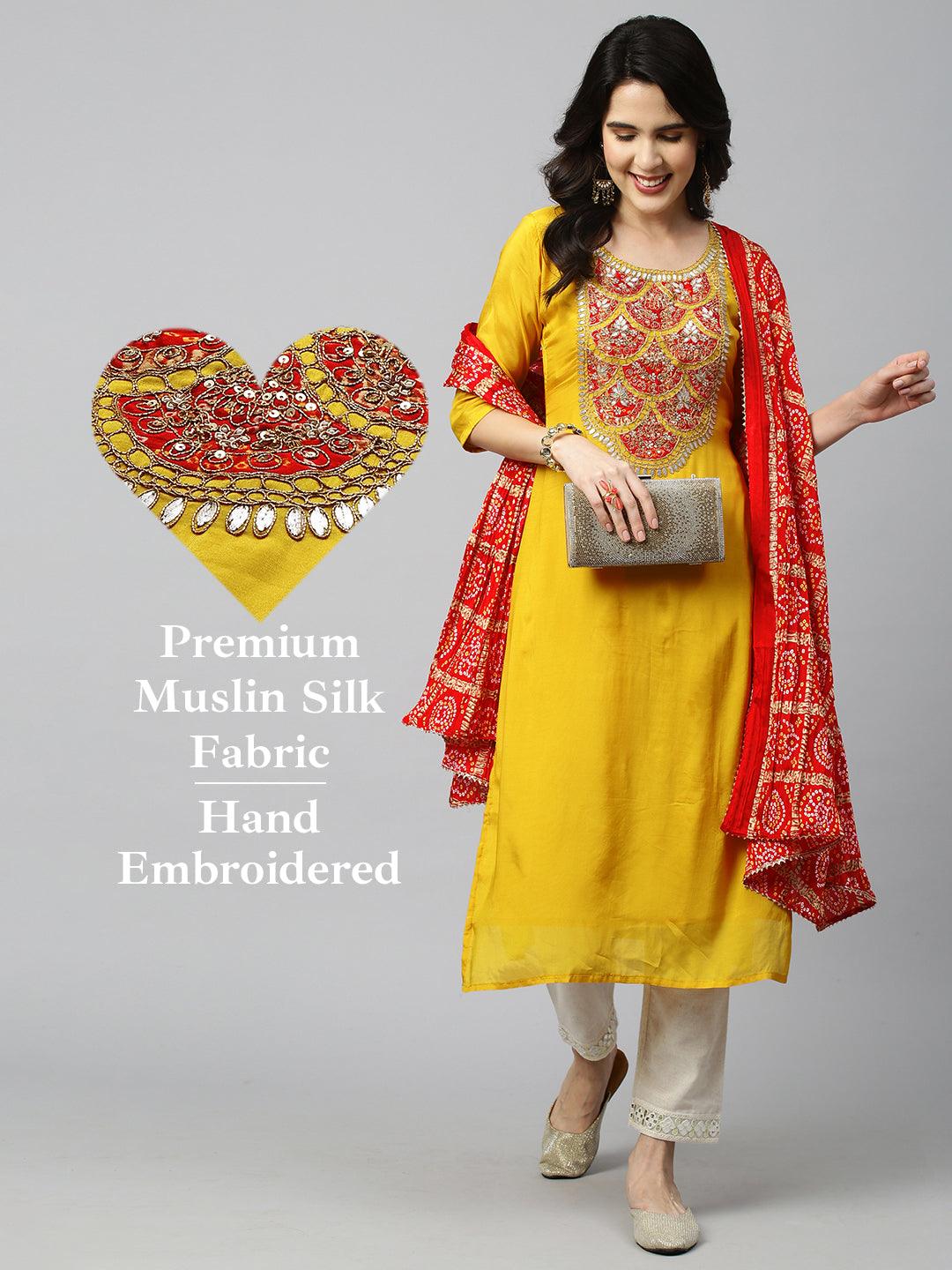 Festive Embroidered Kurta and Bandhani Dupatta - Festive Yellow - Indiakreations