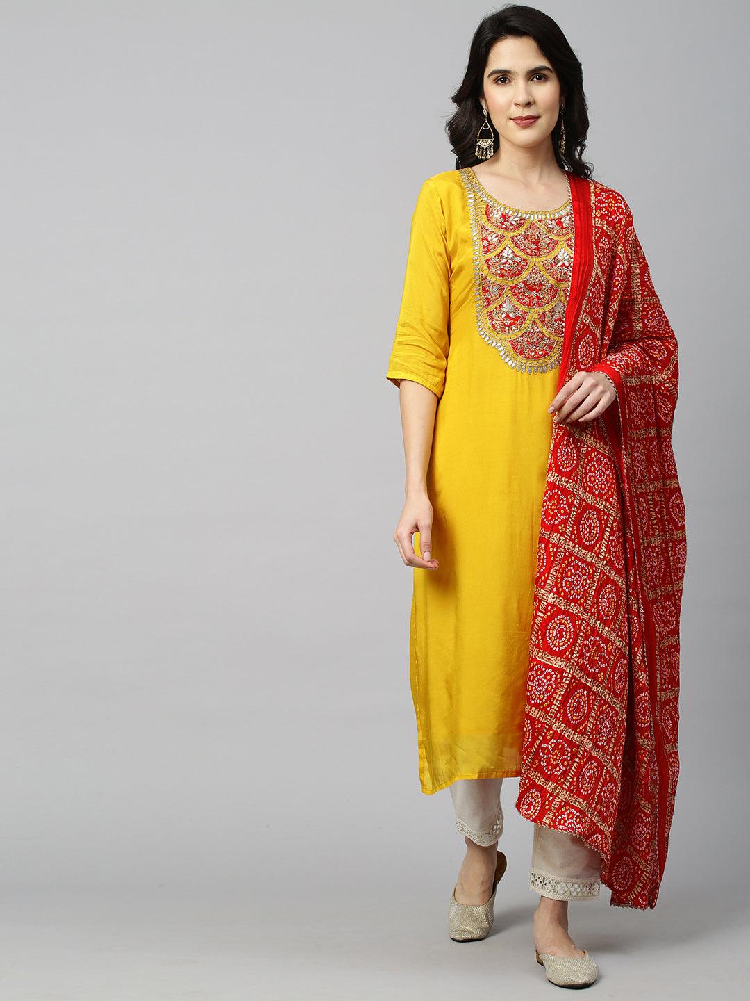 Festive Embroidered Kurta and Bandhani Dupatta - Festive Yellow - Indiakreations