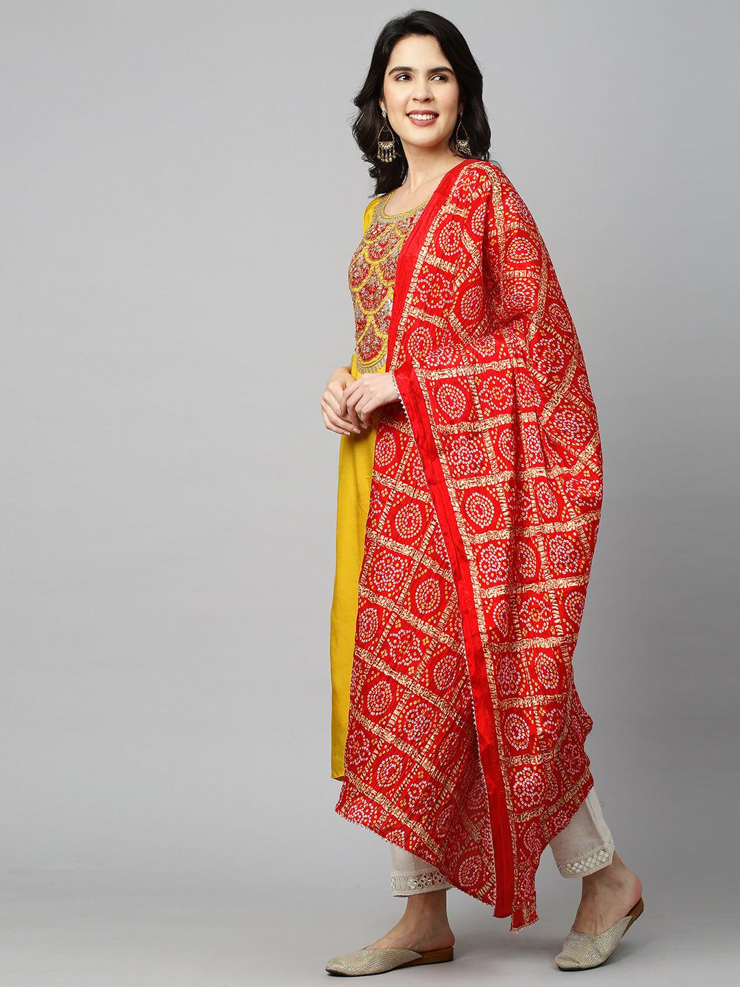 Festive Embroidered Kurta and Bandhani Dupatta - Festive Yellow - Indiakreations