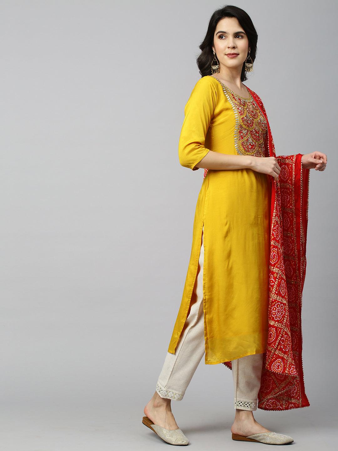 Festive Embroidered Kurta and Bandhani Dupatta - Festive Yellow - Indiakreations