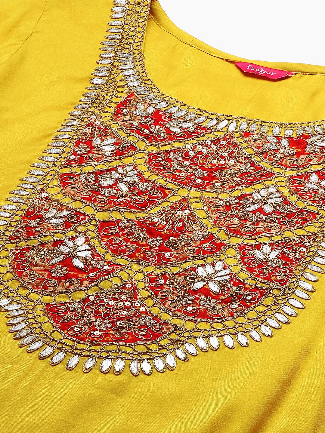 Festive Embroidered Kurta and Bandhani Dupatta - Festive Yellow - Indiakreations