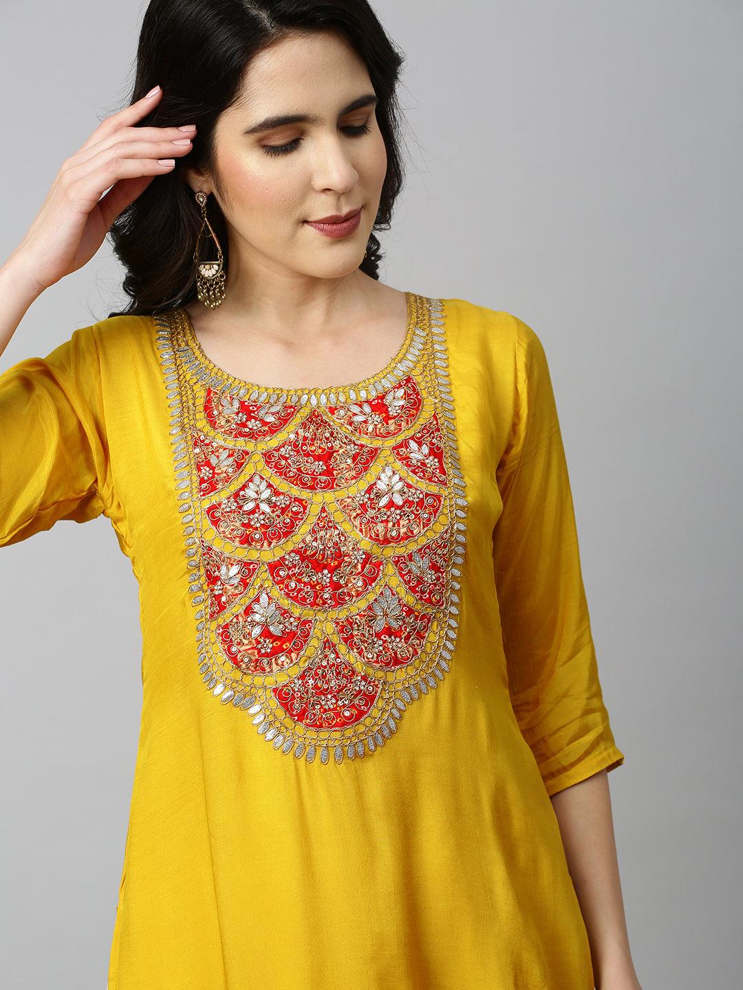 Festive Embroidered Kurta and Bandhani Dupatta - Festive Yellow - Indiakreations