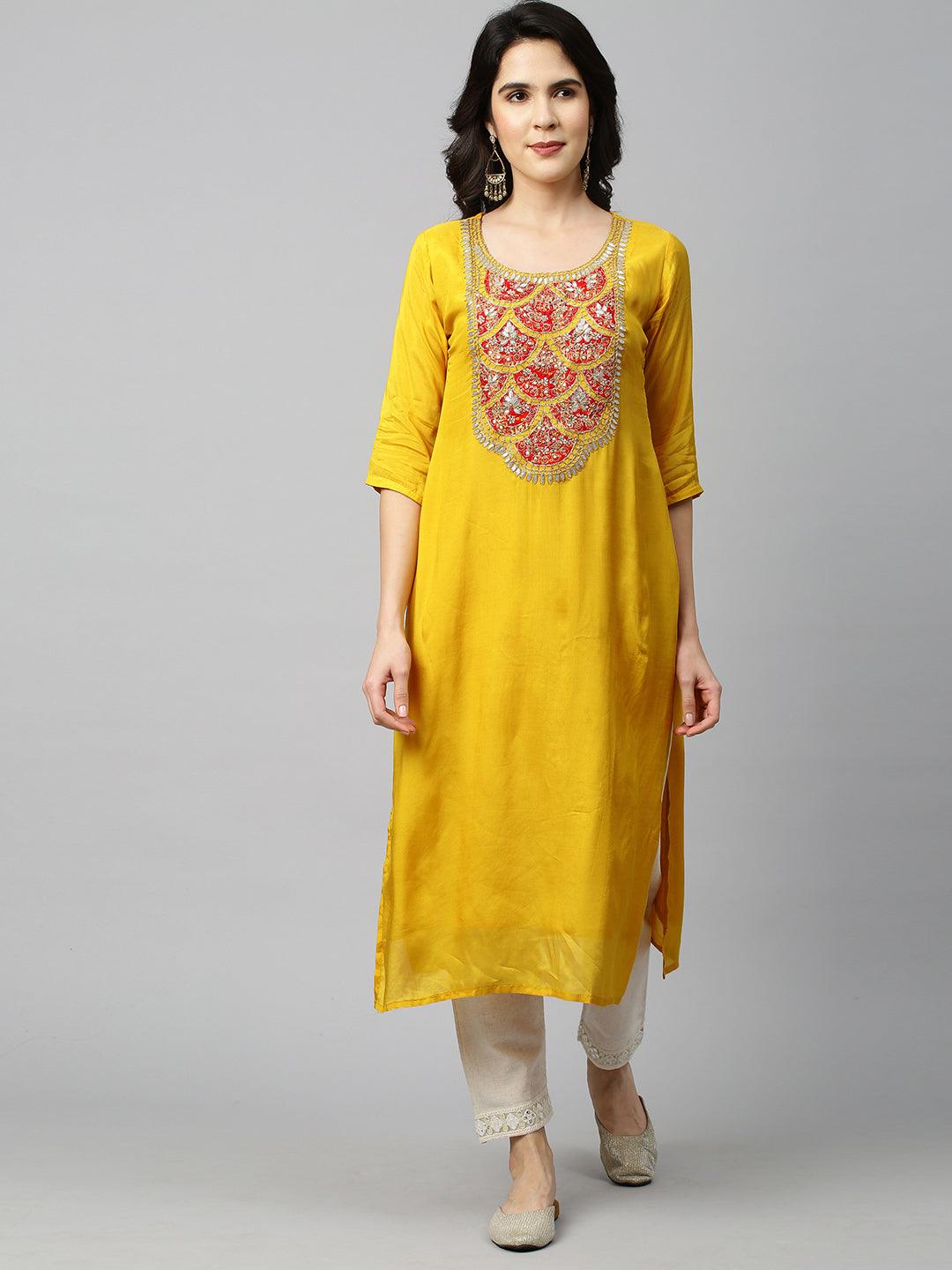 Festive Embroidered Kurta and Bandhani Dupatta - Festive Yellow - Indiakreations