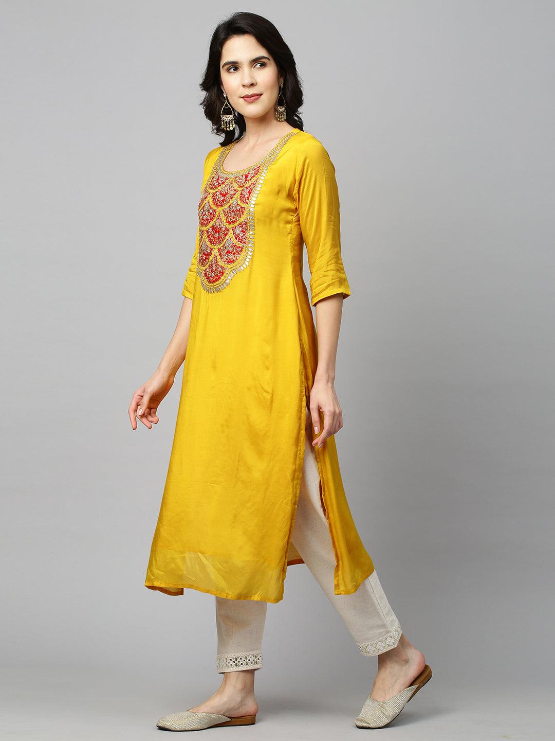 Festive Embroidered Kurta and Bandhani Dupatta - Festive Yellow - Indiakreations