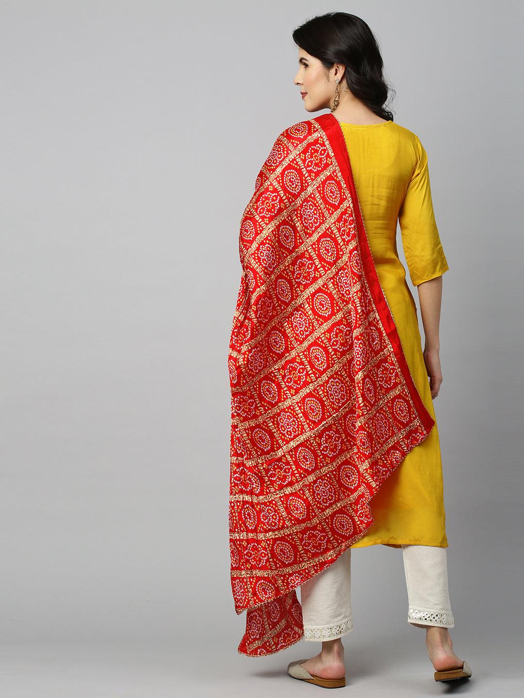 Festive Embroidered Kurta and Bandhani Dupatta - Festive Yellow - Indiakreations