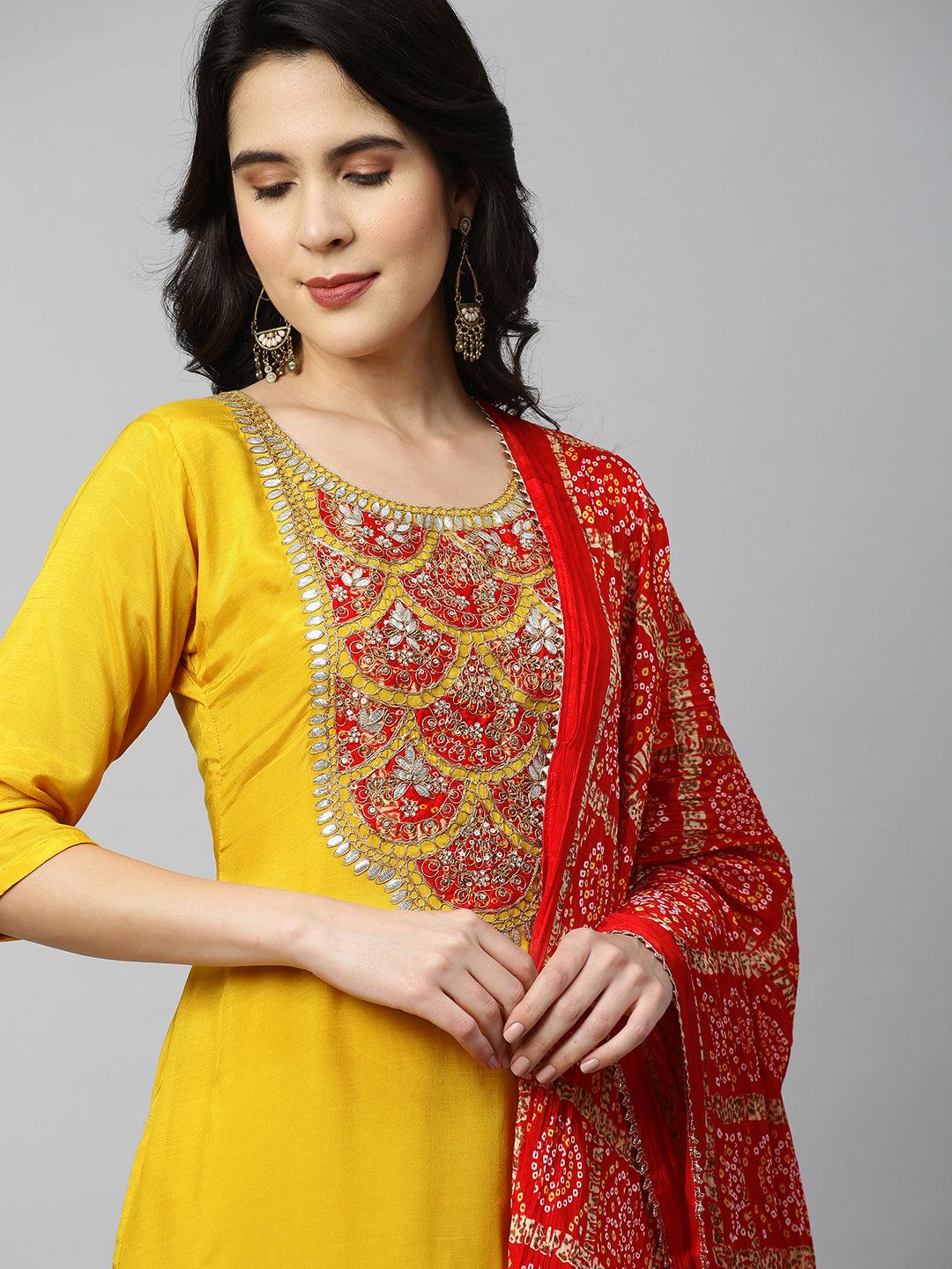 Festive Embroidered Kurta and Bandhani Dupatta - Festive Yellow - Indiakreations