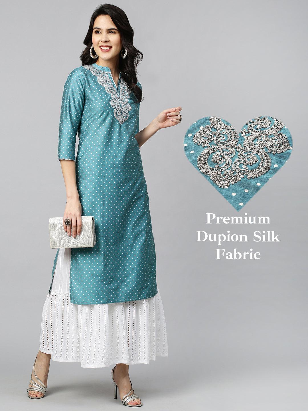 Polka Dots & Embroidered Straight Kurta - Sky Blue - Indiakreations