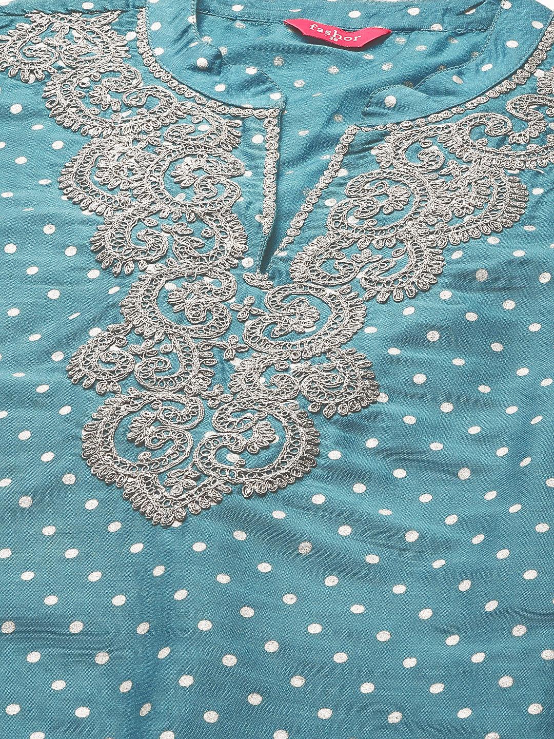 Polka Dots & Embroidered Straight Kurta - Sky Blue - Indiakreations