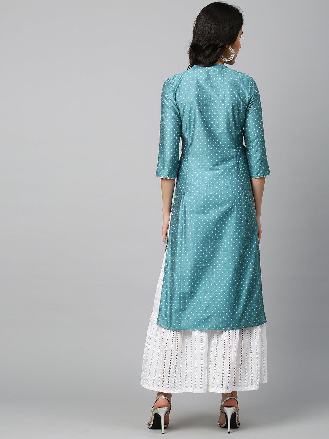 Polka Dots & Embroidered Straight Kurta - Sky Blue - Indiakreations