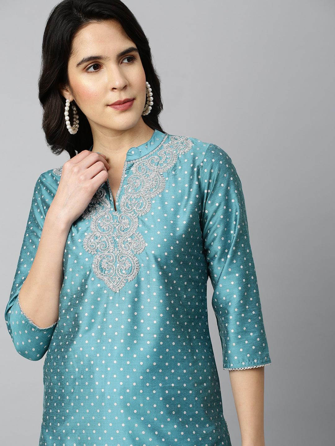 Polka Dots & Embroidered Straight Kurta - Sky Blue - Indiakreations