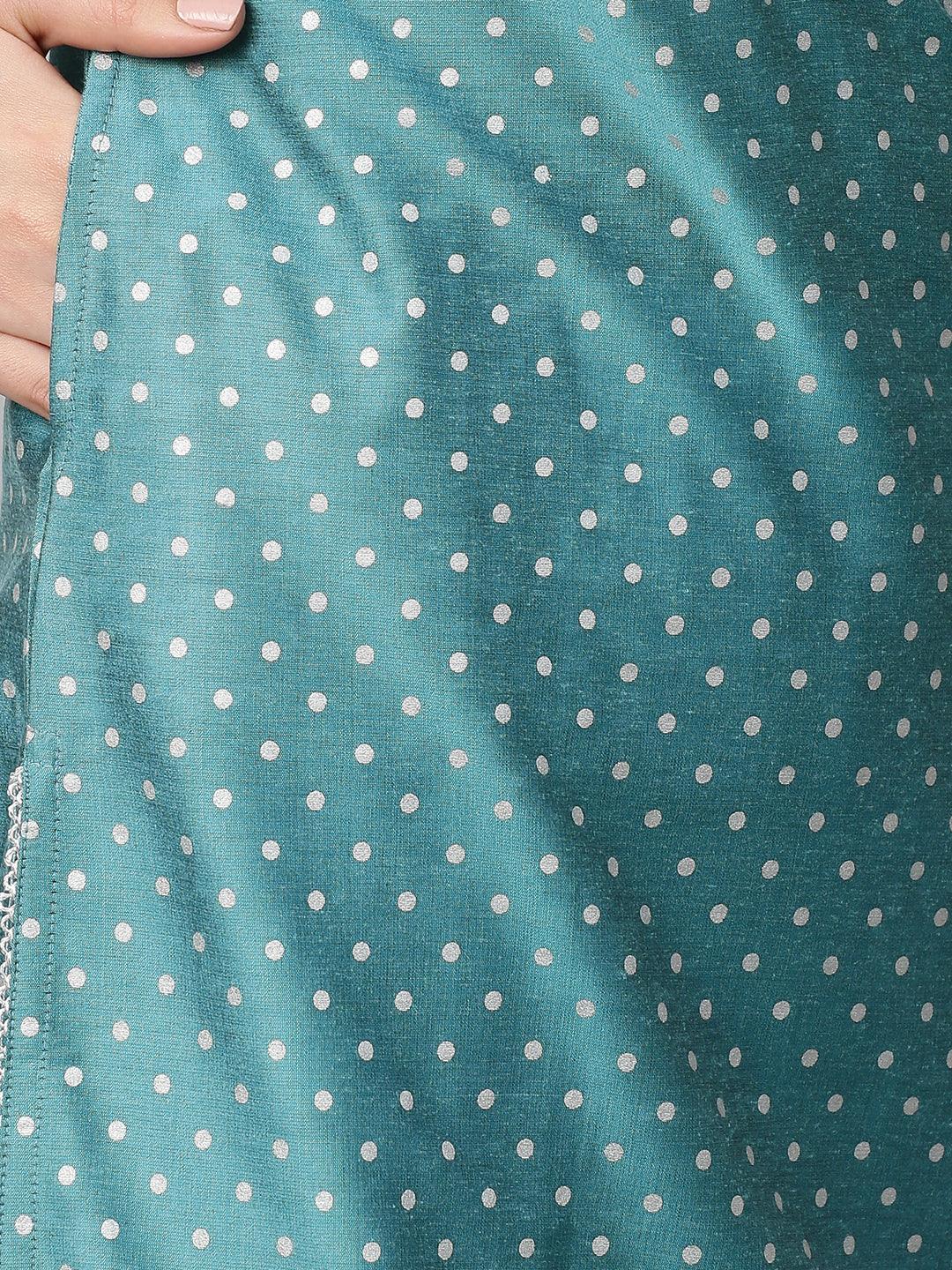 Polka Dots & Embroidered Straight Kurta - Sky Blue - Indiakreations