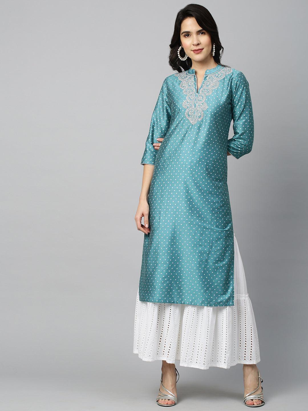 Polka Dots & Embroidered Straight Kurta - Sky Blue - Indiakreations