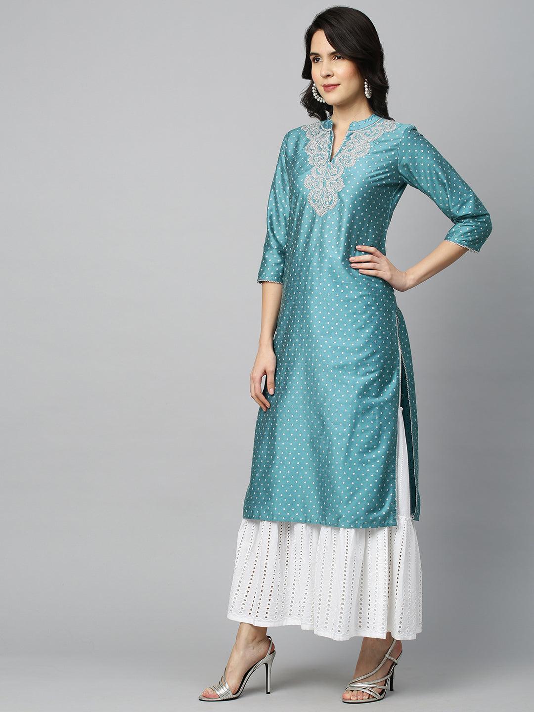 Polka Dots & Embroidered Straight Kurta - Sky Blue - Indiakreations