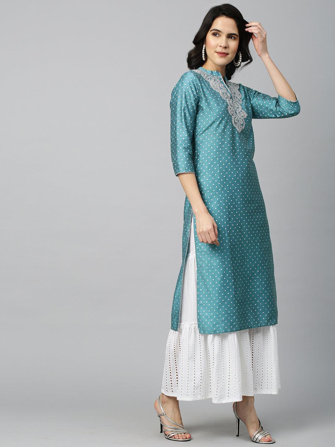 Polka Dots & Embroidered Straight Kurta - Sky Blue - Indiakreations