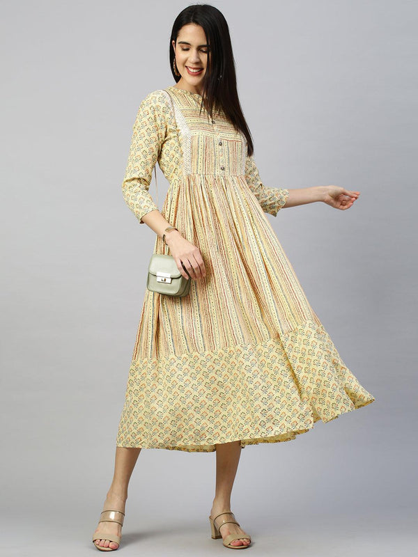 Ethnic Printed Flounce Flared Dress - Pastel Yellow - Indiakreations