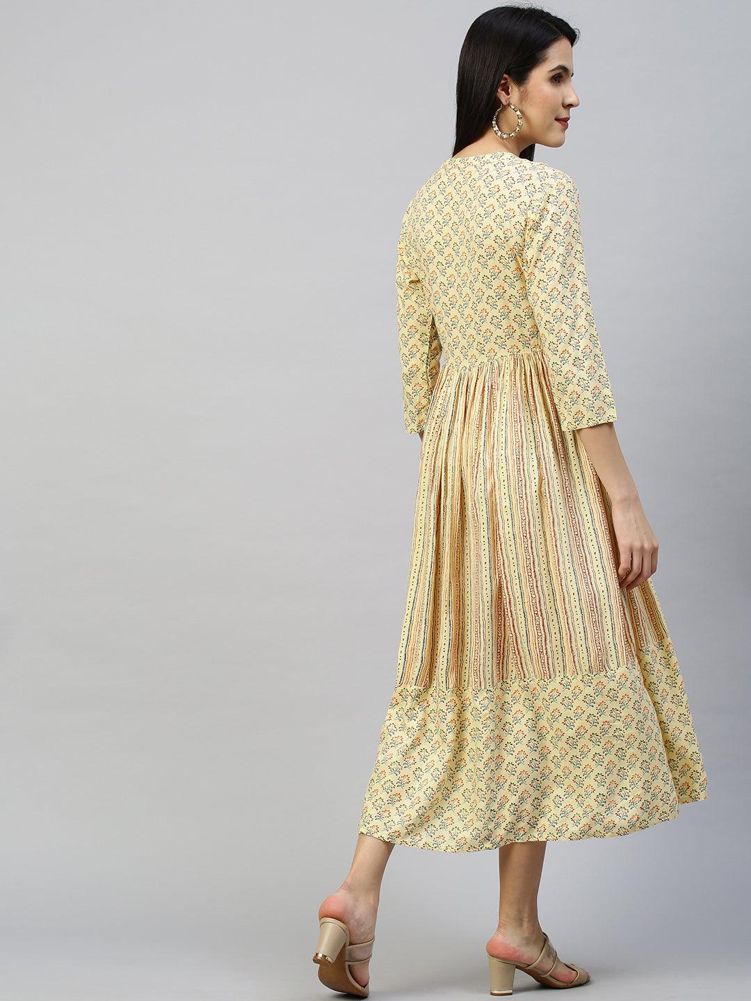 Ethnic Printed Flounce Flared Dress - Pastel Yellow - Indiakreations