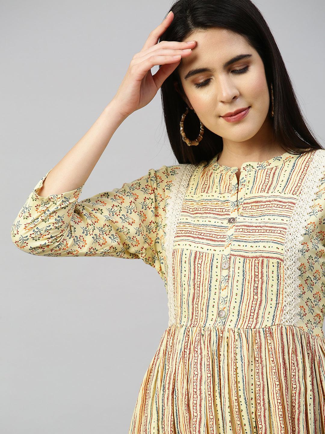 Ethnic Printed Flounce Flared Dress - Pastel Yellow - Indiakreations