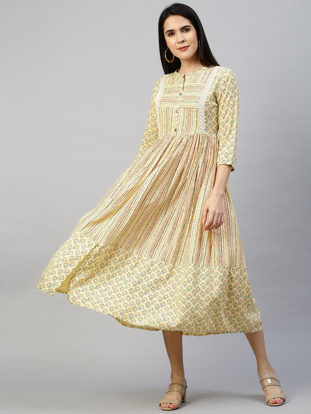 Ethnic Printed Flounce Flared Dress - Pastel Yellow - Indiakreations