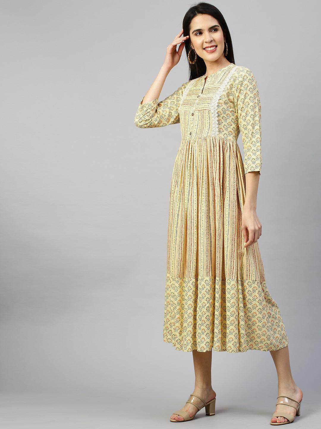 Ethnic Printed Flounce Flared Dress - Pastel Yellow - Indiakreations