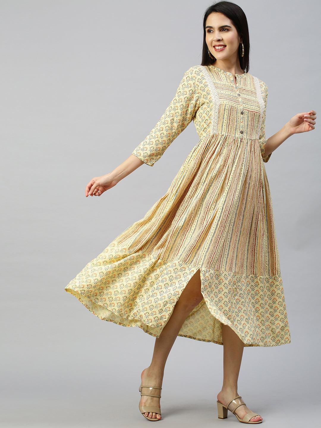 Ethnic Printed Flounce Flared Dress - Pastel Yellow - Indiakreations