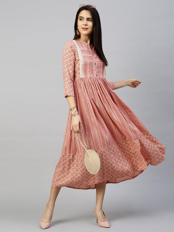 Ethnic Printed Flounce Flared Dress - Peach - Indiakreations