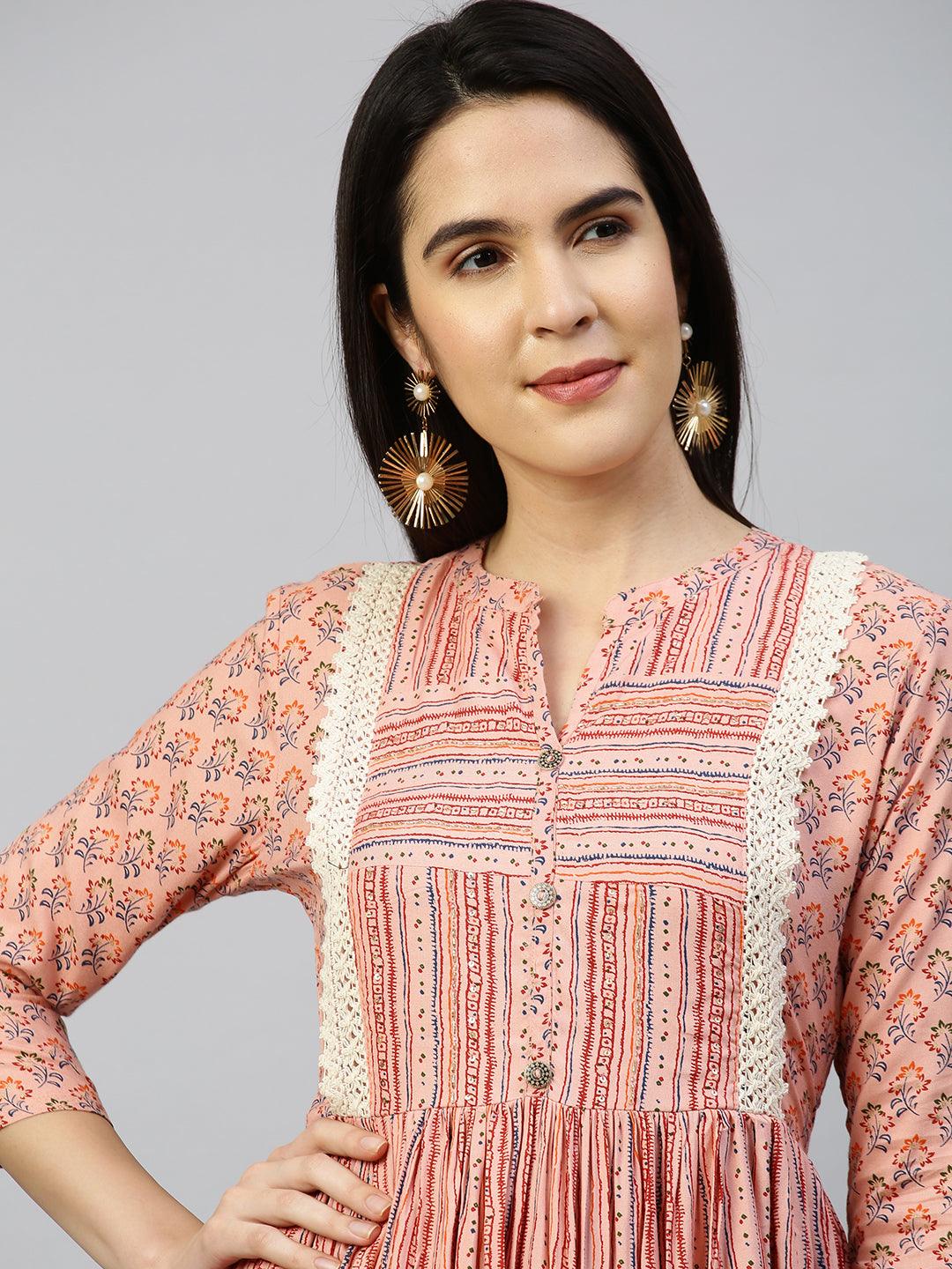 Ethnic Printed Flounce Flared Dress - Peach - Indiakreations