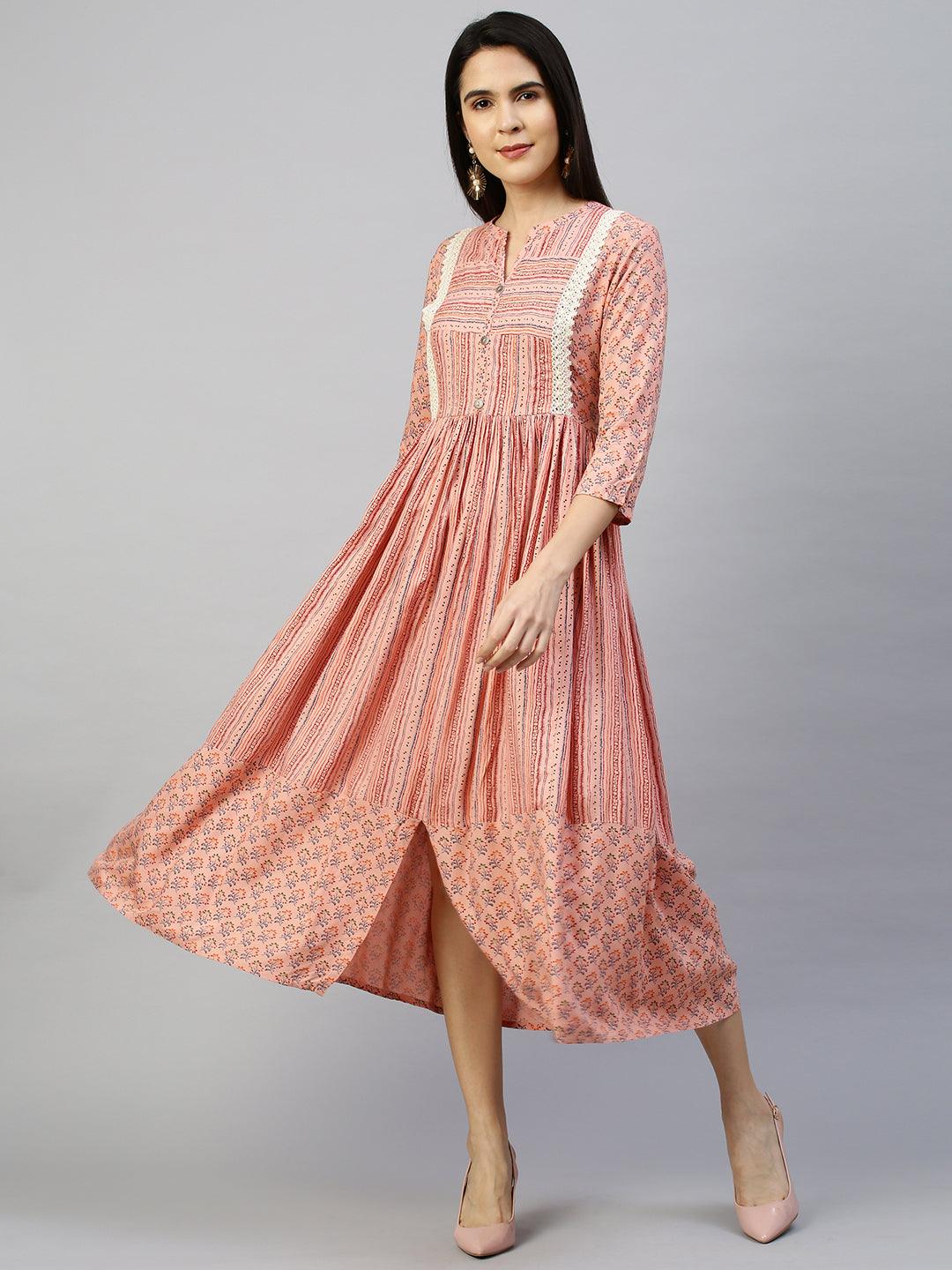 Ethnic Printed Flounce Flared Dress - Peach - Indiakreations