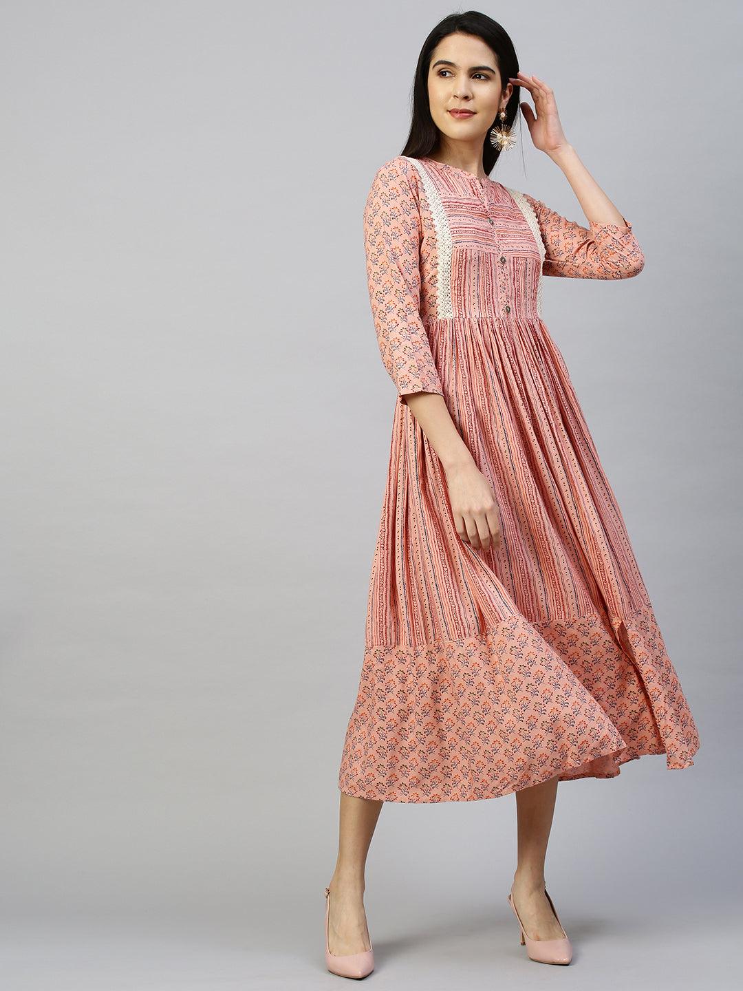 Ethnic Printed Flounce Flared Dress - Peach - Indiakreations