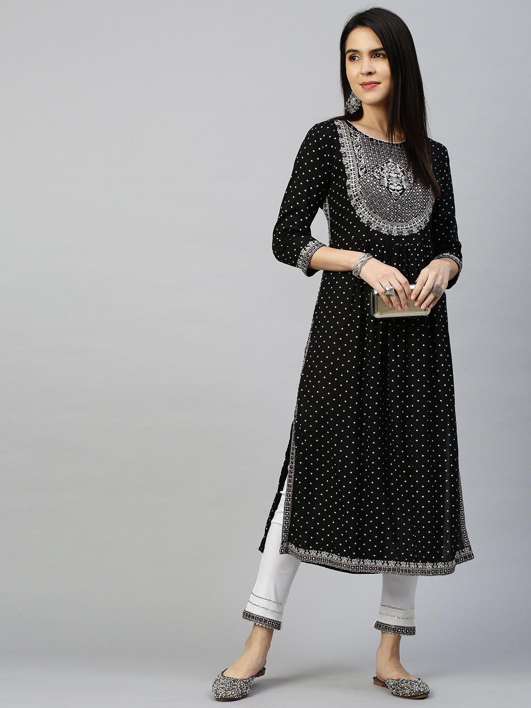 Ethnic Embroidered Kurta with Pant - Black - Indiakreations