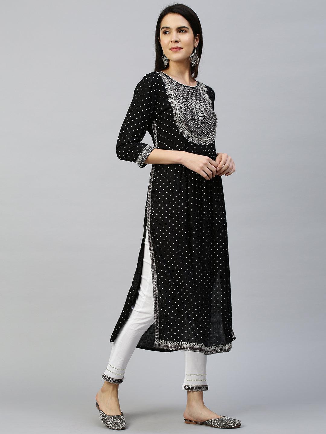 Ethnic Embroidered Kurta with Pant - Black - Indiakreations