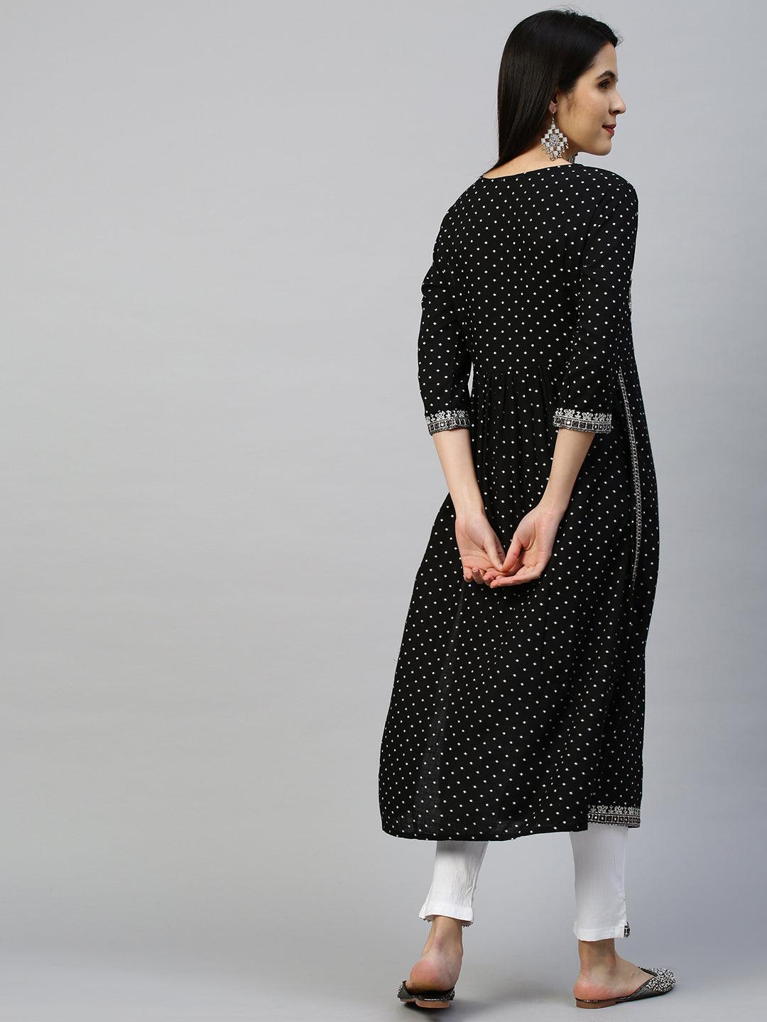 Ethnic Embroidered Kurta with Pant - Black - Indiakreations