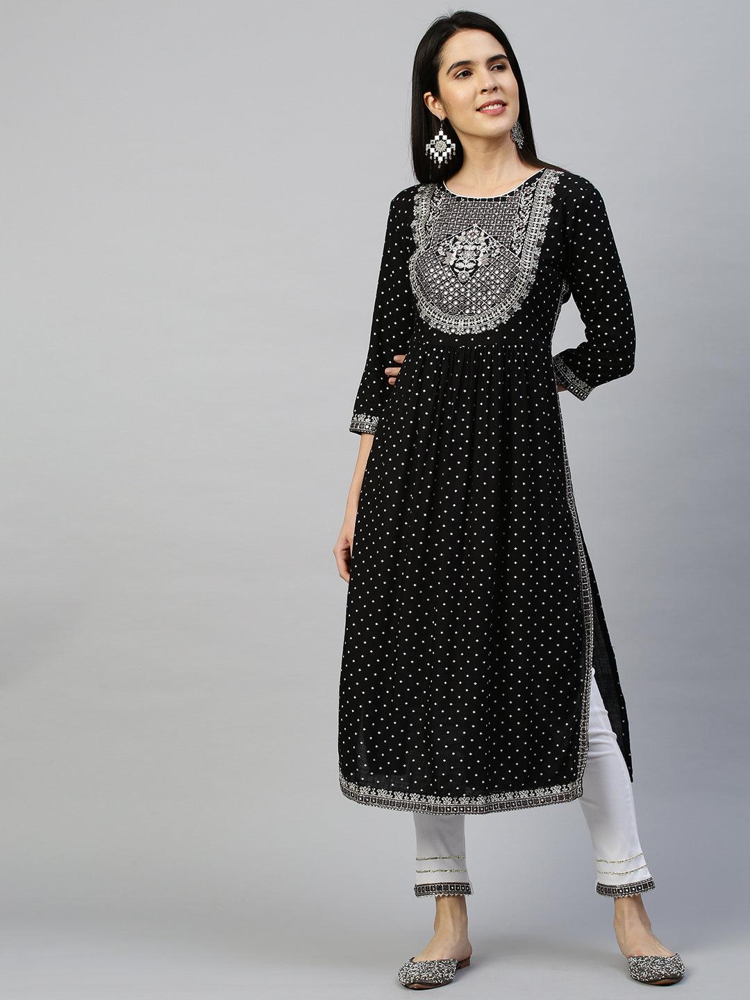 Ethnic Embroidered Kurta with Pant - Black - Indiakreations