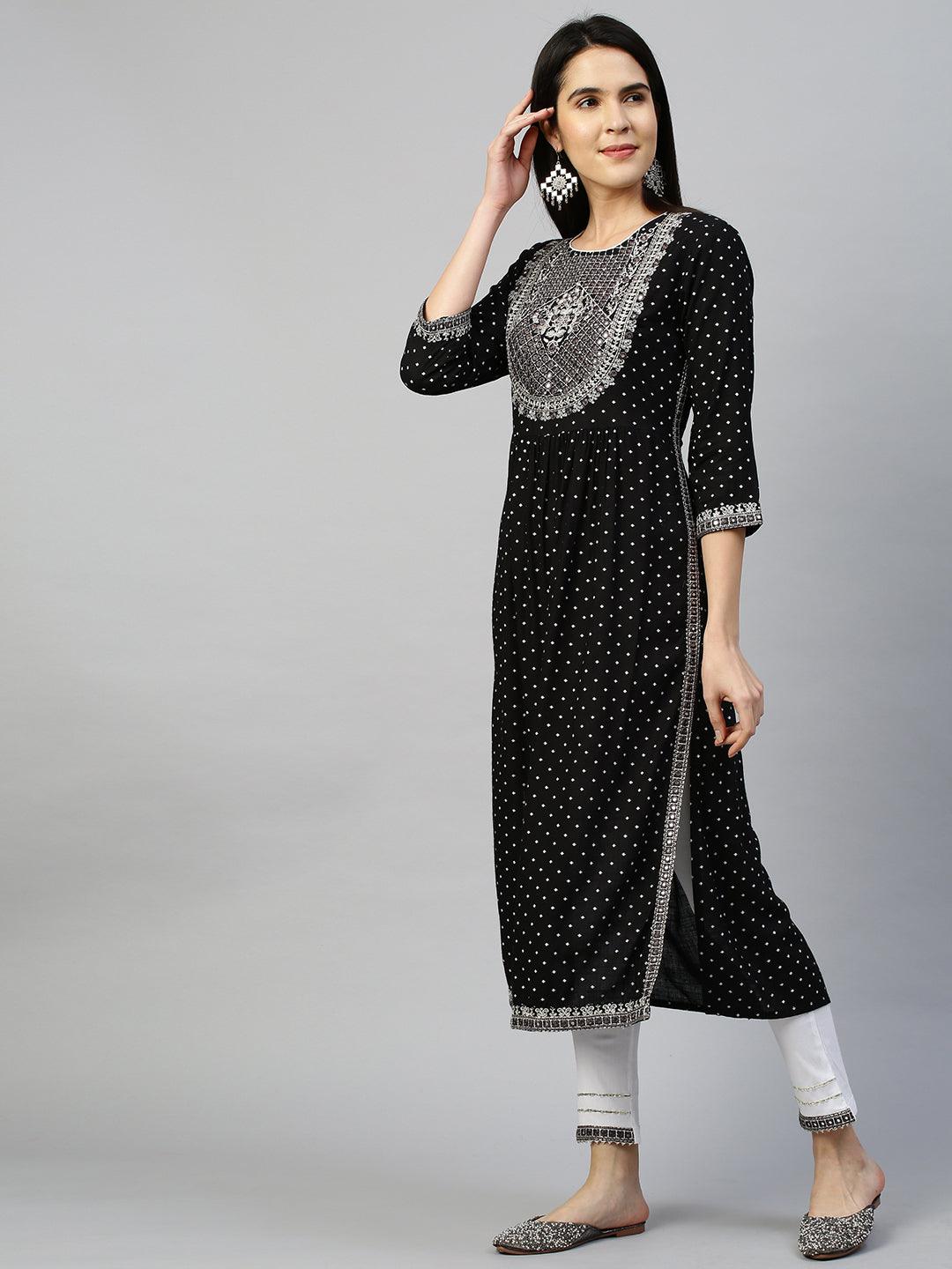 Ethnic Embroidered Kurta with Pant - Black - Indiakreations