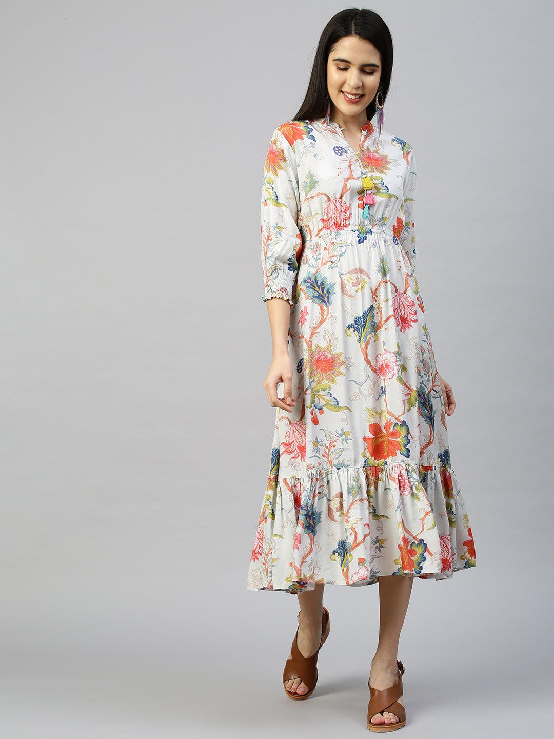 Floral Garden Printed Flounce Dress - Ice Blue - Indiakreations