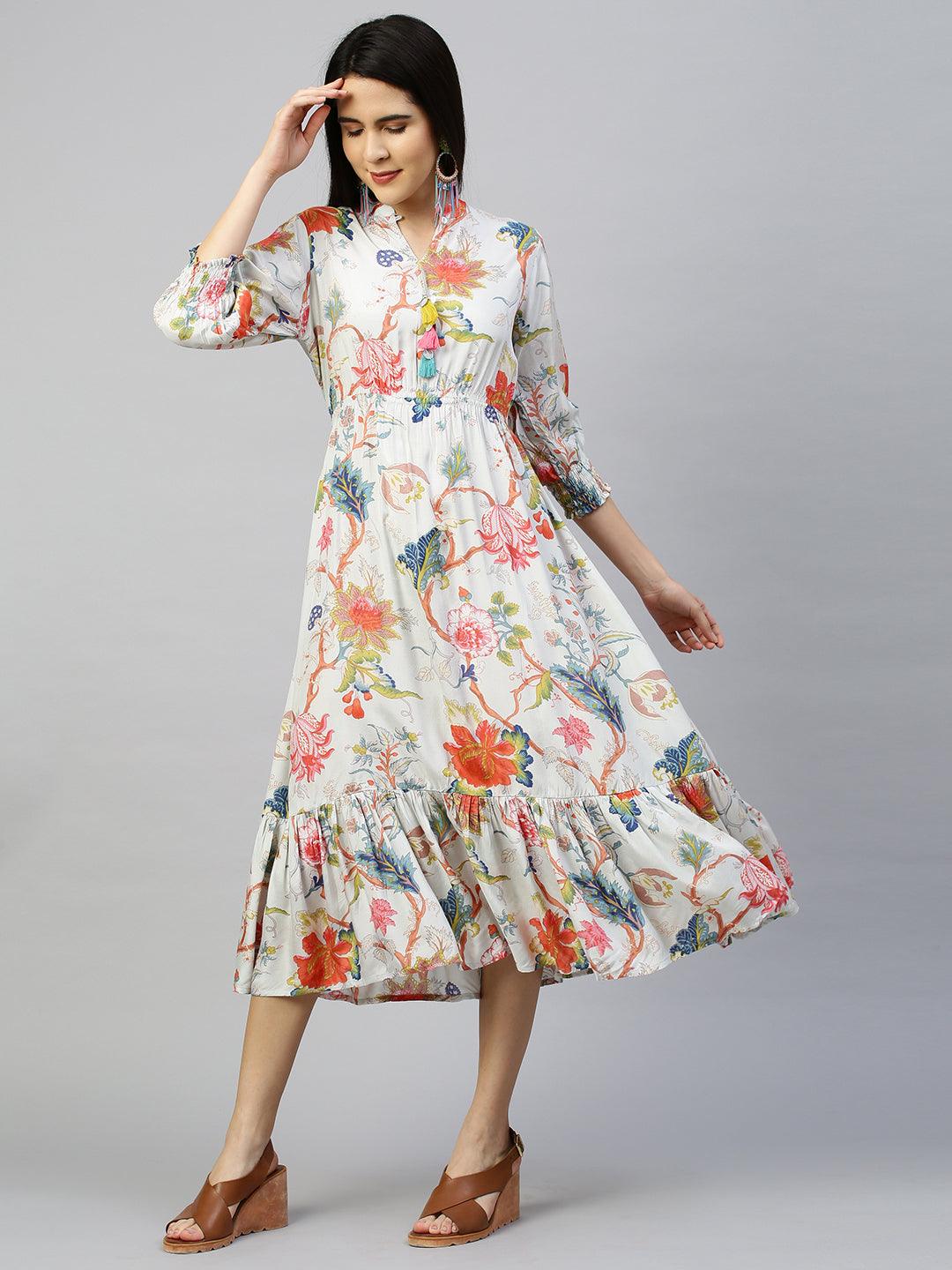 Floral Garden Printed Flounce Dress - Ice Blue - Indiakreations