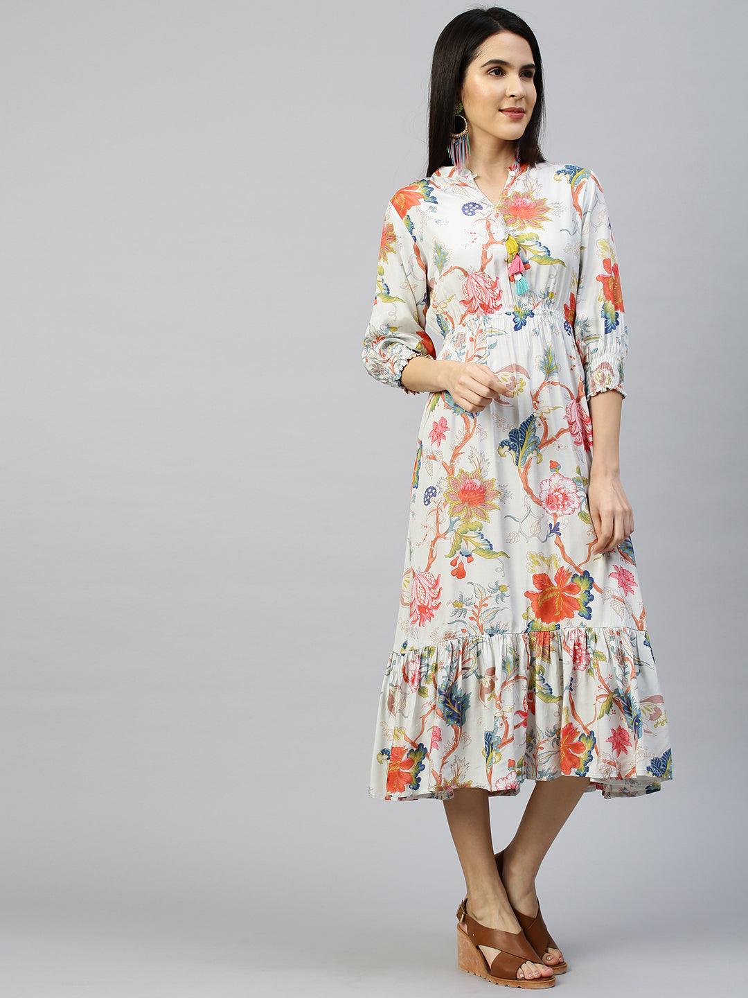 Floral Garden Printed Flounce Dress - Ice Blue - Indiakreations