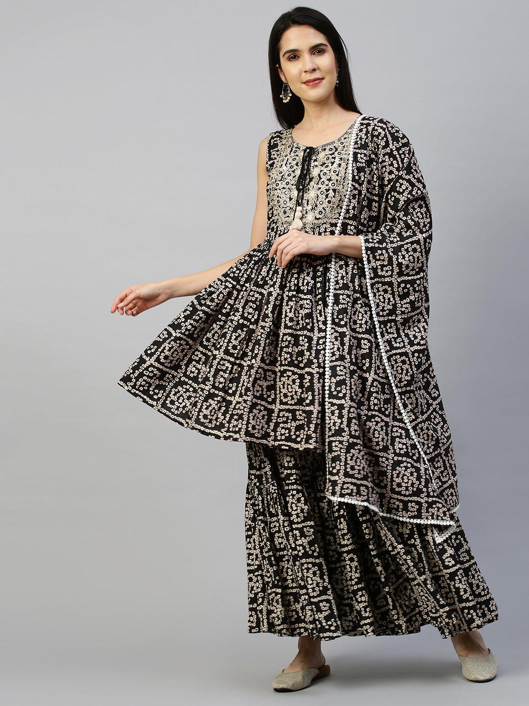 Ethnic Embroidered & Bandhej Kurta with Sharara and Dupatta - Black - Indiakreations