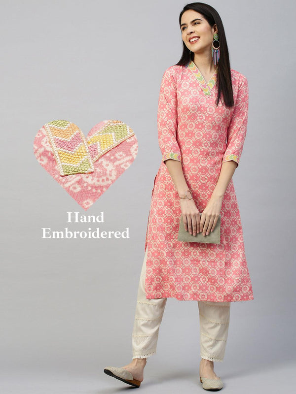 Ethnic Printed Straight Kurta - Peach - Indiakreations